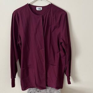 Life Brand Burgundy Button-Front Scrub Jacket